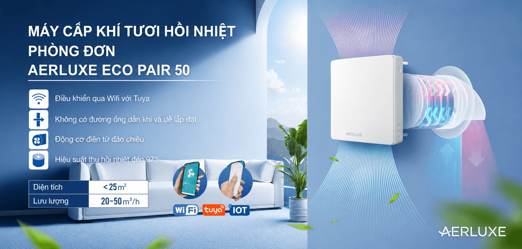 Máy cấp khí tươi thu hồi nhiệt Aerluxe model Eco-Pair Plus ERV; 50 m3/ giờ